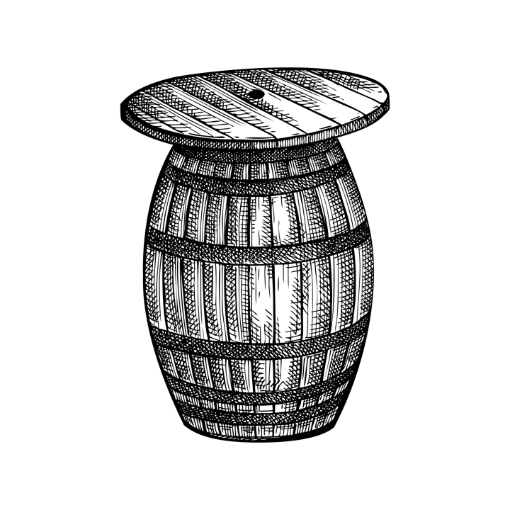 Christmas market stall table sketch. Hand-drawn vector illustration. Traditional winter Christmas fair marketplace design element.  Wooden beer barrel, table for fast food, 